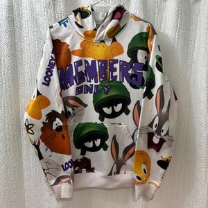Members Only Looney Tunes All Over Print Hoodie White Green Characters size Med